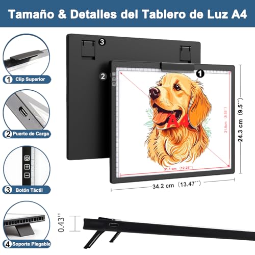 FHZLAJ Mesa de Luz para Calcar Dibujo A4, Tablero de Iluminación Almohadilla de Luz LED Copia 6 Modos Ajustable Recargable con Botón Táctil para Artista Pintura Diamante Dibujo Arquitectura Caligrafía