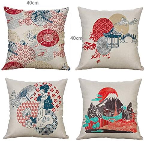 Onegirl Retro Japanese Style Ink Watermark Printed Decorative Linen Throw Pillow Covers 4 Piece Set Couch Pillow Cases Square Pillowcase Home Decor Cushion Cover