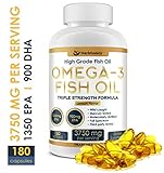 High Strength Omega 3 Fish Oil Supplement 3750MG (HIGH EPA 1350MG + DHA 900MG) 180 Capsules - Fish Oil Omega 3 Pills Triple Strength Burpless Wild Caught Fish Oil Capsules Heart Health Joint Support