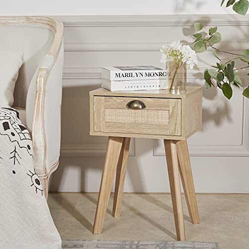 FairyHaus Nightstand with Drawer, Rattan Nightstands for Bedrooms with