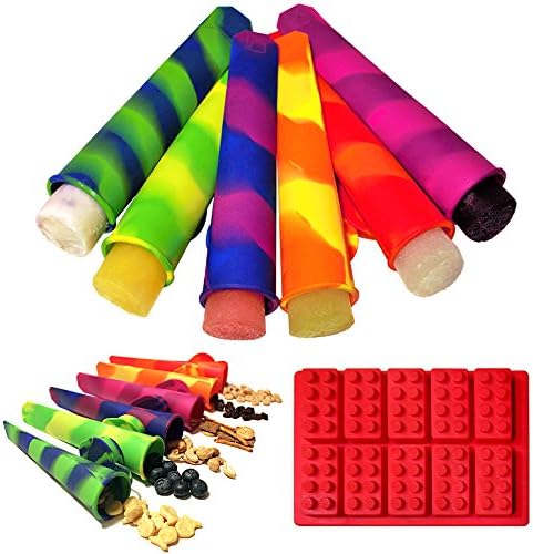 NUTRAwin Popsicle Molds. Party Pack of 12 Silicone Ice Pop Maker Molds for Popsicles or Reusable Lunch Snack Bags, 2 in 1. BPA-Free Attached Lid Multi-colored. Includes Candy, Chocolate or Ice LEGO Brick Mold, with 70 Free Homemade Popsicle Recipes.