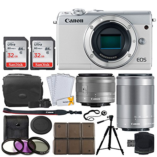 Canon-EOS-M100-Mirrorless-Digital-Camera-White-EF-M-15-45mm-f35-63-IS-STM-Lens-Graphite-EF-M-55-200mm-f45-63-IS-STM-Lens-32GB-Memory-Card-Tripod-12-Piece-Card-Holder-UV-Filters