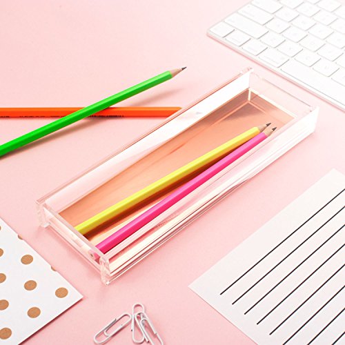Zodaca [Deluxe Acrylic Design] Pencil Pen Tray Desktop Organizer, Clear/Rose Gold