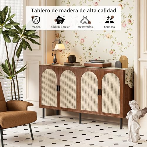 Simple Wisdom Alacenas para Cocina 1.2 M,Bufetera Mueble con 4 Puertas,Credenza Bufetera con 4 Puertas de Ratán Natural,para Cocina, Comedor, Sala de Estar. (Color Nogal)