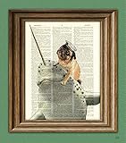 Captain Grumble the Sea Pug riding his Narwhal steed, Noodles art print beautifully upcycled dictionary page book art print Pug on a Narwhal