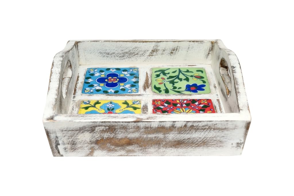PUSHPACRAFTS Wooden Serving Tray Rajasthani Hand Painted 4 Ceramic Tile Inlay work Serving Tray White Distress Tray