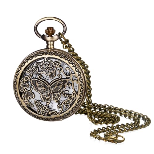 Avaner Hollow Out Pocket Watches: Bronze Butterfly Analog Quartz Pocket Watches with Chain for Men and Women