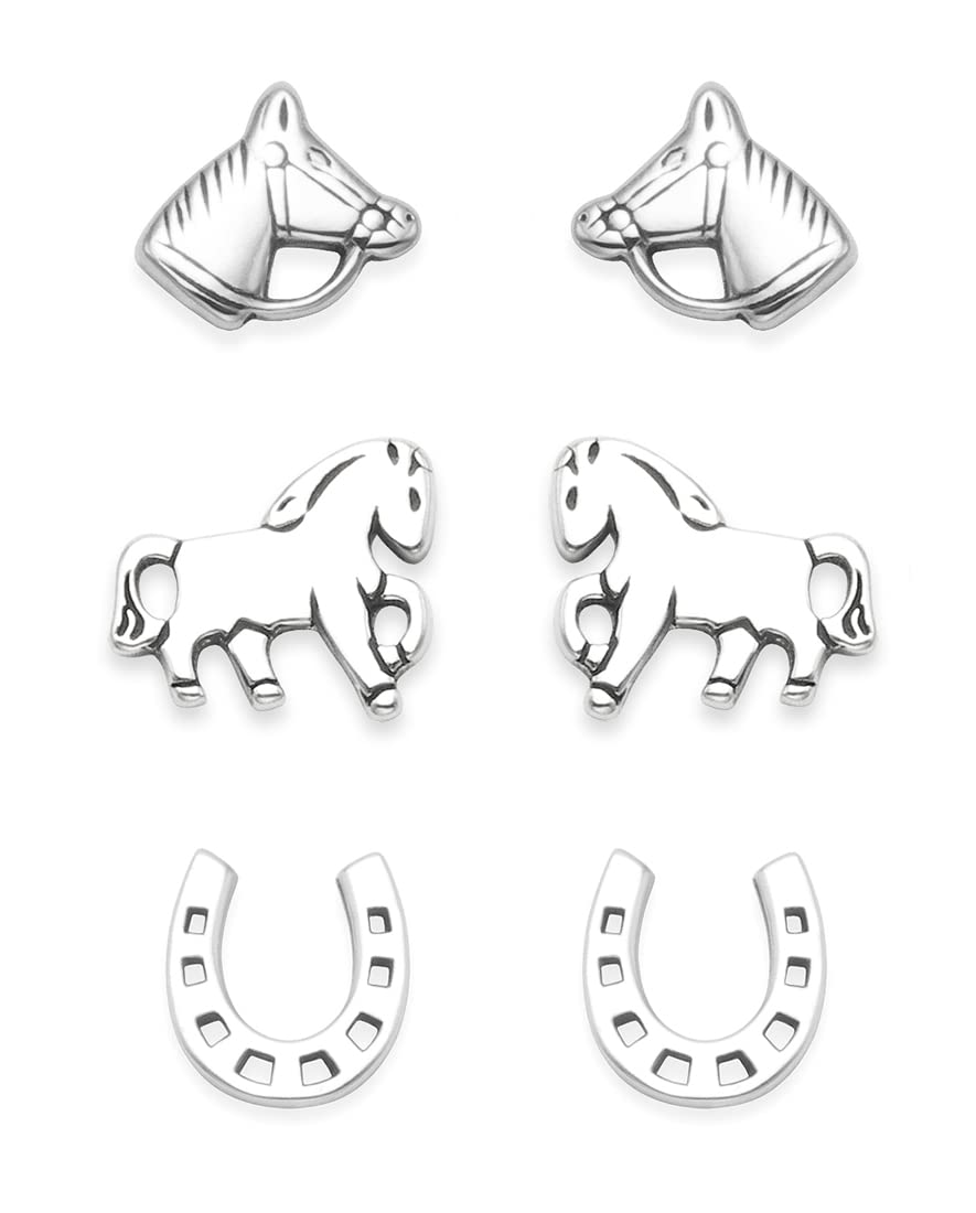 Sterling Silver Horse Earrings Set - 3 Pairs - Sterling Silver Horse, Horseshoe and Horse Head Stud Earrings - Size 8 mm - Horse Jewellery - Gift Boxed 5024SET