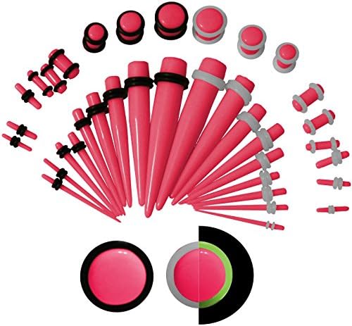 KingNQueen - 36 pc Set - Best Ear Stretching Tapers and Plugs Starter Kit - 00g to 14 gauges (1.6/2/2.5/3/4/5/6/8/10mm) - Stretch Earrings Men Jewelry (Pink &amp; EXTRA Glow in Dark O-Rings)