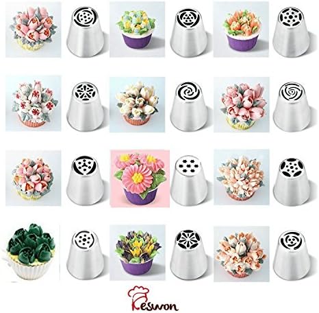 KESWON - Russian Nozzles Piping Tips Prime - For Cupcakes Decorations - 304 Stainless Steel - Durable, Strong, Seamless, Non Toxic, Safe to Use - FDA Approved - 12 Tips, 10 Bags, 1 Hopper + FREE Ebook