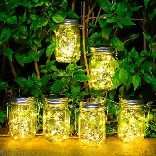Solar Garden Lamps - Pack of 6 Solar Mason Jar Lamps 30 LED Waterproof Outdoor Lights Decorative Fairy Light for Tree Terrace Christmas Party (A-Warm White)