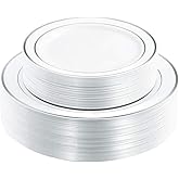 I00000 60pcs Silver Plastic Plates, Disposable Plastic Party Plates with White Silver Rim Heavy Duty Fancy Wedding Party Plates Include 30 Dinner Plates 10.25" and 30 Dessert Appetizer Plates 7.5"