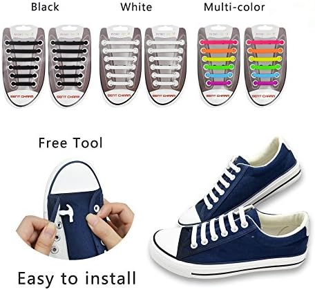 SENT CHARM 3 PCS No Tie Waterproof Silicon Flat Elastic Shoelaces for Sports Fan Shoelaces,Athletic Running Shoe,Sneaker Boots,Board Shoes and Casual Shoes Lace (black+white+multicolor)
