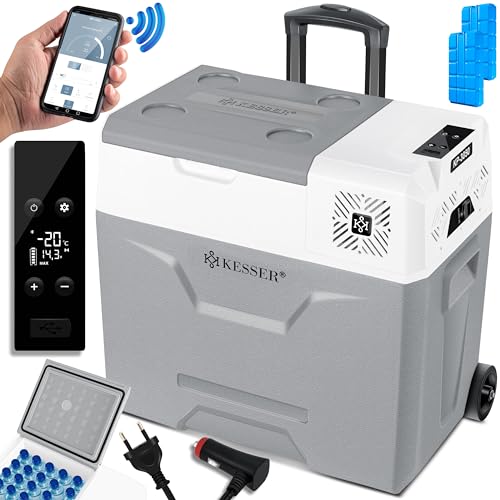 KESSER® Kompressor Kühlbox elektrisch Gefrierbox, 50 Liter Mit APP-Steuerung USB-Anschluss 12/24 V 230V, +Teleskopstange, 2x Kühlakkus Räder Kühlschra