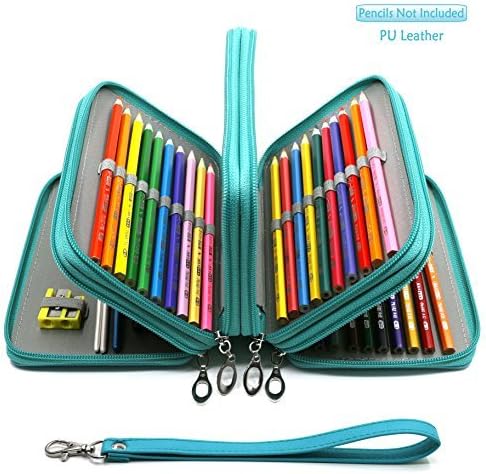 72 Slots Pencil Case - PU Leather Handy Multi-Layer Large Zipper Pen Bag with Handle Strap for Colored/Watercolor Pencil