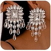 Missgrace Women Silver Hypoallergenic Rhinestone Earrings Dangling Sparkly Dangle Earrings Chandelier Earrings Tassel Large Studs Crystal Statement Earrings for Women