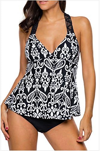 Women Push up Tankini top Leaves Printed Two Piece Tankini Set Adjustable Straps