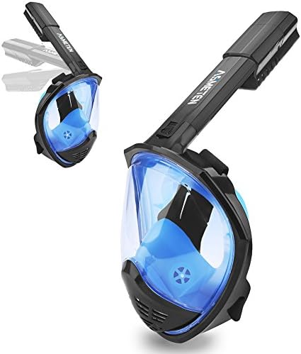 Asmeten Full Face Snorkel Mask 2018 Newest Foldable Panoramic View Snorkeling Mask with Detachable Camera Mount, Dry Top Set Easy Breath Anti-fog Anti-leak for Adults and Kids