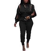 Akmipoem Sweatsuits for women Set 2 Piece Jogger Outfits Zipper Split Long Sleeve Button Down Crop Top and Pants Tracksuit