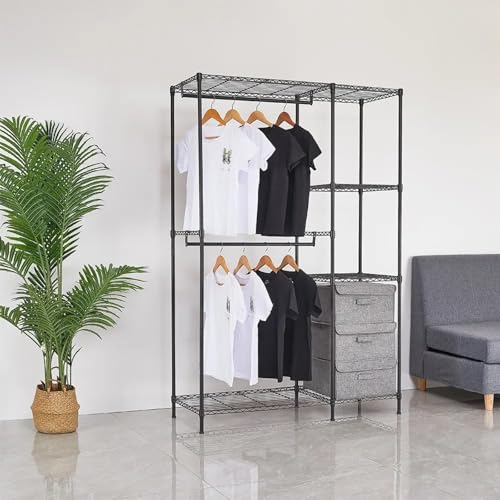 LONEASY Organizador de Metal para Ropa Armario, Perchero de Pie, Closet Organizador de Ropa Multifunción, Estante de Ro pa para Balcón, Dormitorio y Lavandería (114x42x195CM)