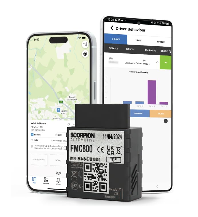 GPS Tracker ScorpionTrack OBD Car Tracker, 4G GPS Tracker for Vehicles, Real-Time Location & Compact Tracker Solution, Best GPS Tracker for Cars, Vans, Motorcycles & Motorhomes (4G FMC800+ 12 Months)
