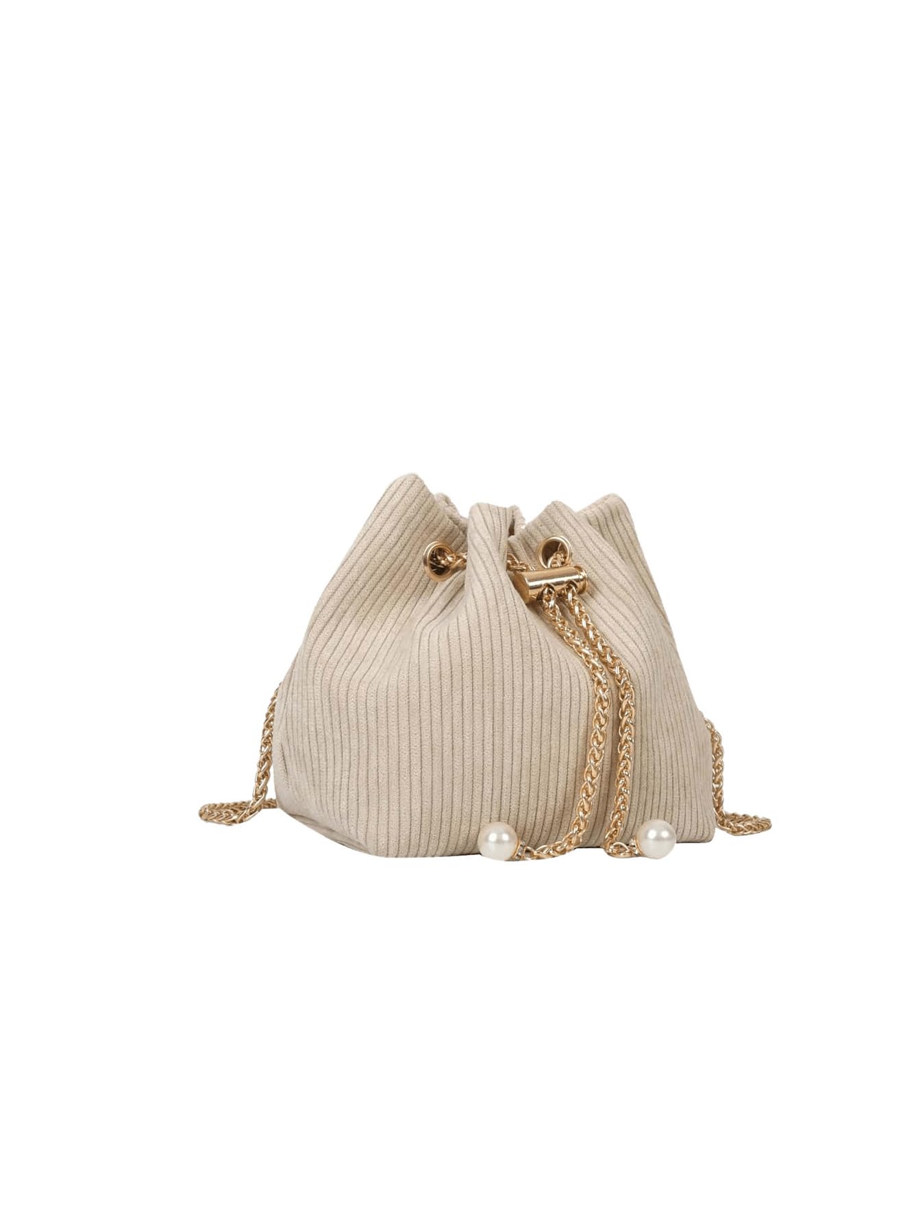 Photo 1 of GORGLITTER Women's Pearl Decor Drawstring Crossbody Bag Chain Mini Bucket Handbags Khaki One-Size