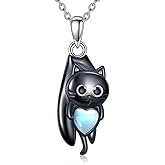 Cat Necklace 925 Sterling Silver Black Cat Pendant Moonstone Animals Jewelry Gifts for Women