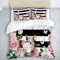 SUHOM Duvet Cover Set, Black and White Stripes Floral Flowers Background,Decorative 3 Piece Bedding Set with 2 Pillow Shams Twin Size