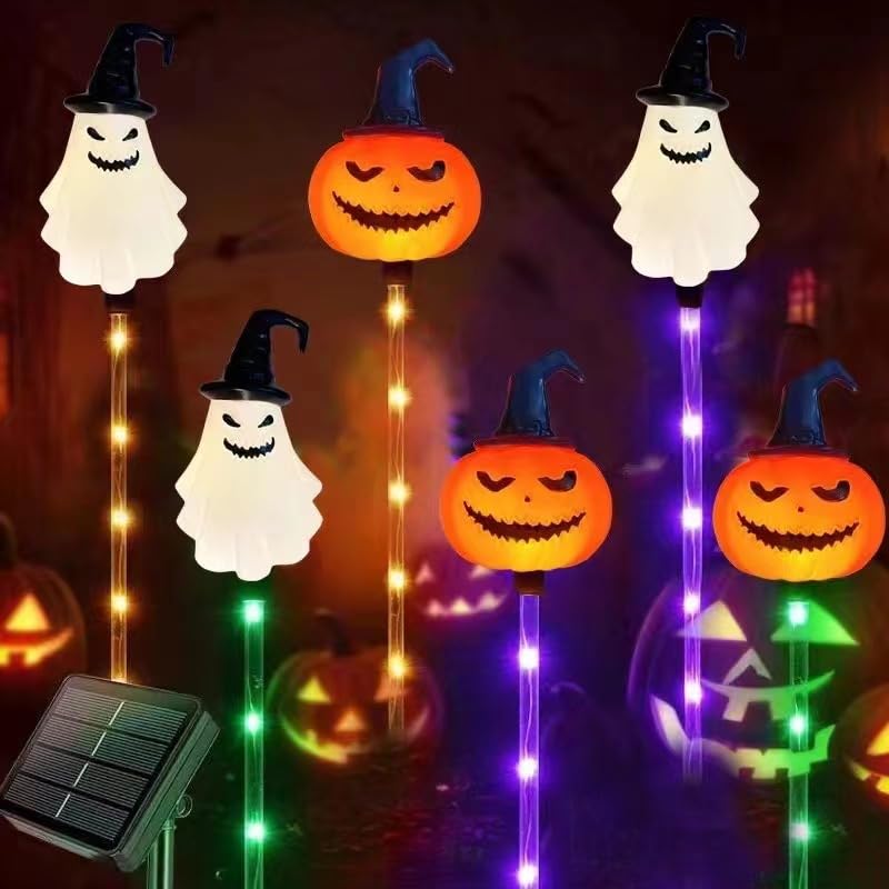 YZYOE 6 Pack LED Outdoor Solar Ground Insertion Colored Pumpkin Ghost Lantern, Waterproof Solar Courtyard Decoration Halloween Lights, with 8 Modes of Colorful.
