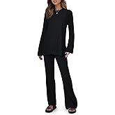 Tankaneo Womens Ribbed Knit Lounge Sets 2 Piece Outfit Long Sleeve Top and Pant Sets Casual Pajamas Set