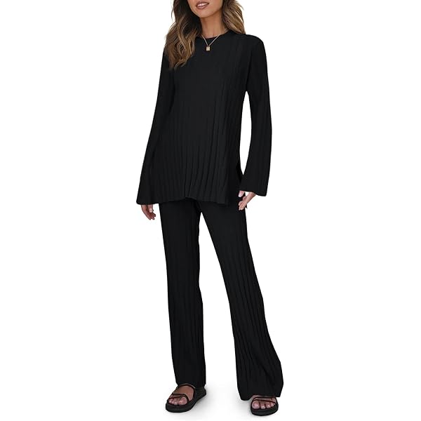 Tankaneo Women's 2 Piece Ribbed Lounge Set - V Neck Long Sleeve Top & Wide Leg Pants, Loose Fit Matching Outfit For Fall - View #9