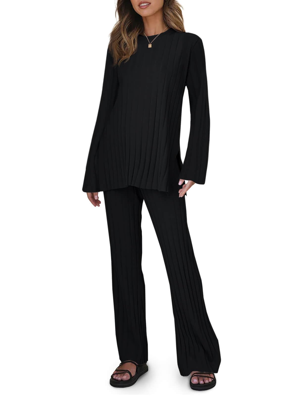Photo 1 of ** PANTS ONLY**
Tankaneo Womens Ribbed Knit Lounge Sets 2 Piece Outfit Long Sleeve Top and Pant Sets Casual Pajamas Set Black XL