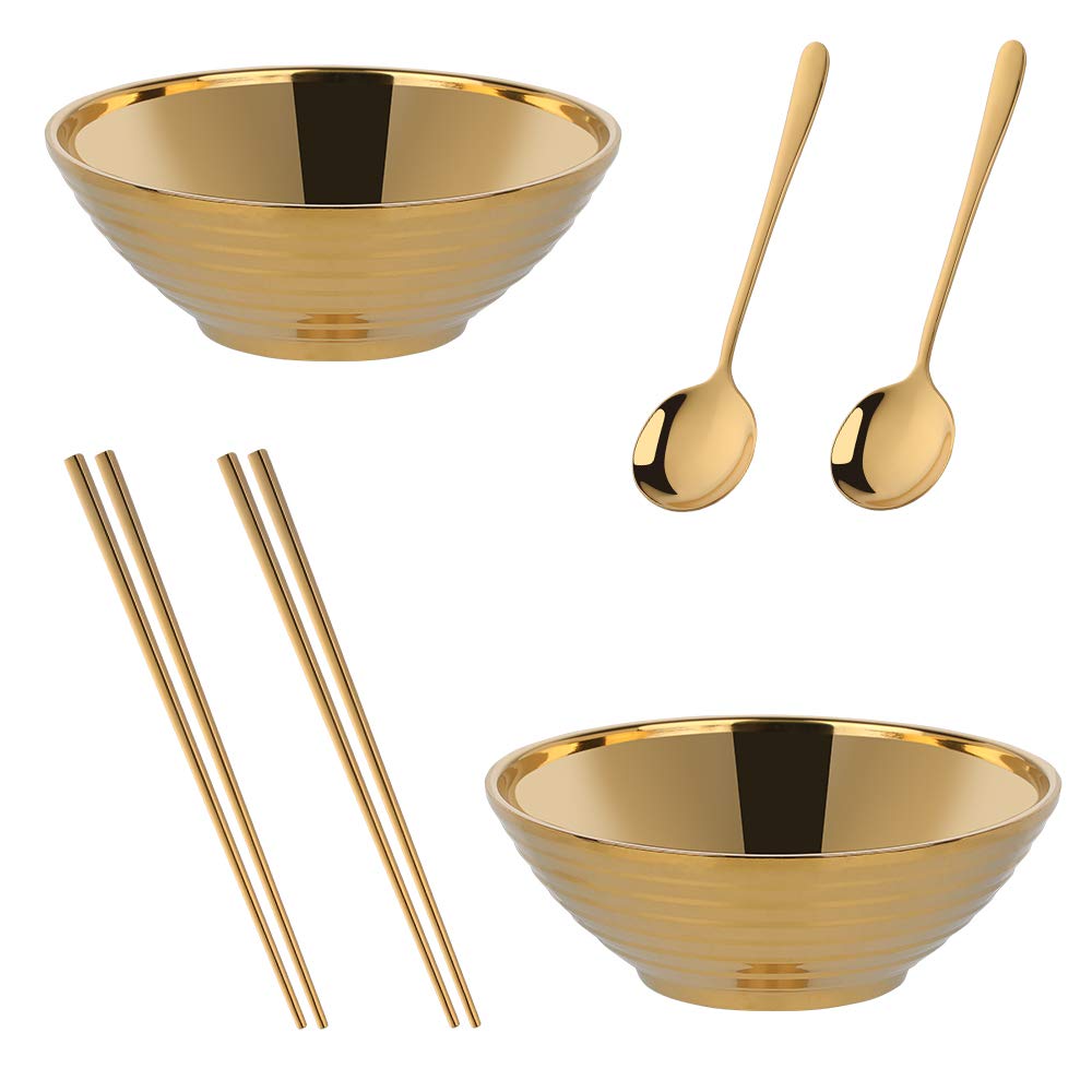 Buyer Star Japanese Stainless Steel Ramen Bowl Set, 2 Sets (6 Pieces) Noodle Bowls, Equipped with Matching Spoons and Chopsticks, can Hold Soup, Salad, Spaghetti and Mixed Fruit (Gold)