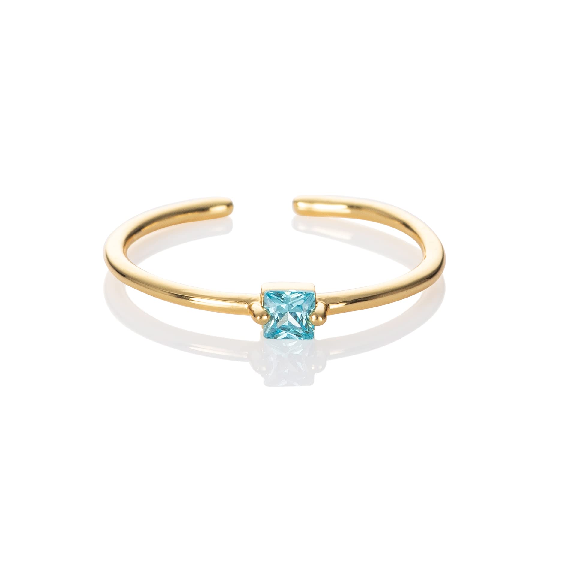 namana Dainty Light Blue Ring in Gold for Women and Teen Girls, Simple Adjustable Gold Plated Open Ring for Ladies with a Sky Blue Square Stone