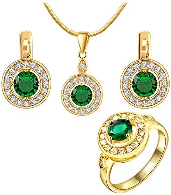 TIDOO 18k Gold Plated Queen Style Jewelry Sets, AAA Zircon Green Beads Pendant Necklace, Earrings and Ring