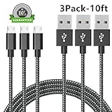 Micro USB Cable, [NEW] 3Pack 10FT Extra Long Nylon Braided [Fast Charger Cord] Sync and Charge for Android Devices, Samsung Galaxy S7 Edge/S6/S5/S4,Note 5/4/3,HTC,LG,Nexus (3x10ft Black White)