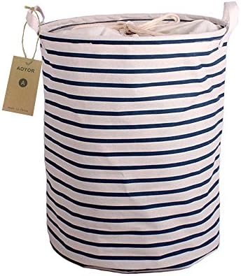 AOBOR Printed Ramie Cotton Fabric Folding Laundry Storage Basket Toy Laundry Hamper with Handle (Navy White Stripe)