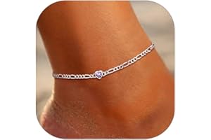 U7 SILVERCUTE Sterling Silver Anklets for Women, Large Heart/Round Birthstone Ankle Bracelet with Figaro Chain, Waterproof Summer Beach Foot Jewelry Length 8.5"-10.5"