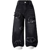 Nivne Tco Toddler Girls Baggy Jeans - Zipper Fly Elastic Waist Heart Patch Wide Leg Black Denim Pants with Five Pockets
