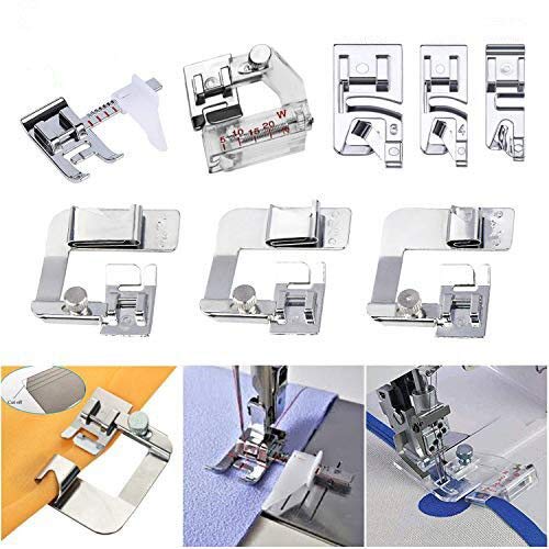 HONEYSEW Sewing Machine Presser Feet 3Pcs Rolled Hem Pressure Foot,3Pcs Narrow Rolled Hem Hemmer Presser Feet & Adjustable Guide Presser Foot, Bias Binder Foot Compatible with Singer,Brother,Juki,etc