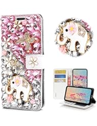 STENES Bling Wallet Case Compatible with Samsung Galaxy S10 - STYLISH - 3D Handmade Crystal Elephant Butterfly Flower Magnetic Wallet Design Leather Cover Case - Pink