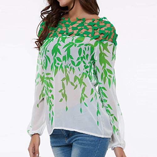 Respctful✿Women Plus Size Hollow Chiffon Blouse Long Sleeve Casual Tops Shirts Boho Leaf Printed Tunic for Woman Green - Thumbnail 2