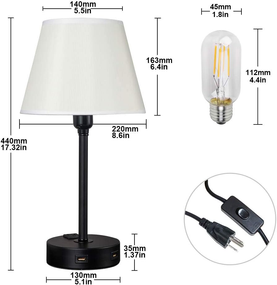 ZEEFO Touch Control Table Lamp Built in Dual USB Ports & AC Outlet, White Fabric Shade 3 Way Dimmable USB Nightstand Lamp, Two Edison LED Bulbs Included Bedside Lamps for Bedroom, Living Room (2 Pack) - - 