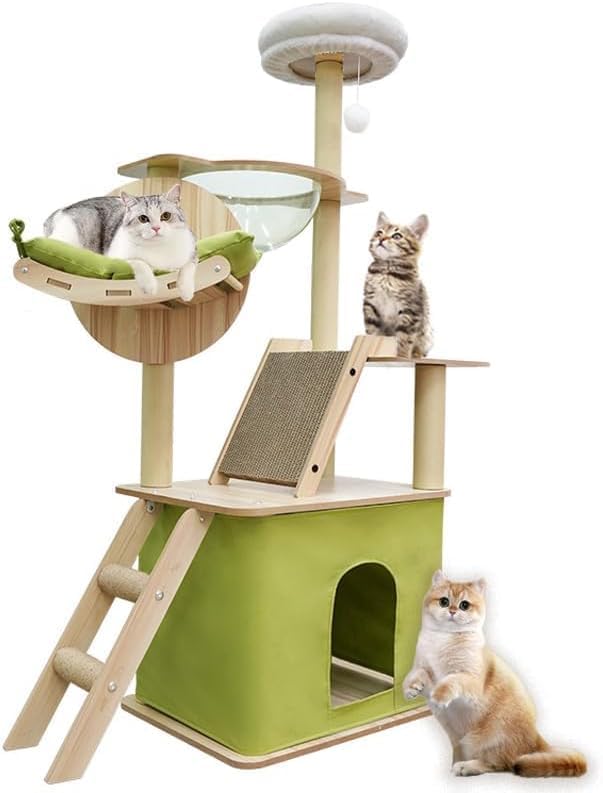 Cat Tree Top 150 cm with 1 Space Capsule, 1 Cat House, 1 Cat Scratching Board, 1 Cat Hammock, 1 Plush Jumping Platform, 1 Toy Ball, 1 Green Cushion (Green)
