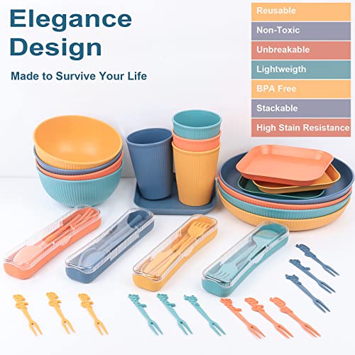 Wheat Straw Dinnerware Sets, Kids Plates and Bowls Sets, Unbreakable Microwave Dishwasher Safe Tableware, Lightweight Reusable Kitchen Set Travel Camping RV Dishes