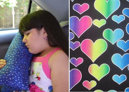 Childrens Pink Travel Pillow - Seatbelt Pillow with Colorful Hearts Fabric