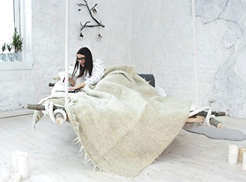 Ivory Wool Throw Blanket Hand Woven Sofa Cover Heavy Warm Queen Size Bed Coverlet Handmade Plaid