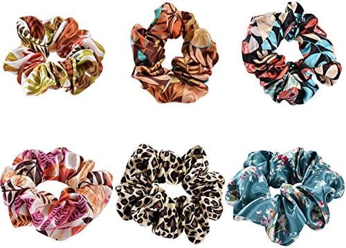 6Pcs Flower Satin Scrunchies, Women's Hair Scrunchies Hair Bow Scrunchy Ponytail Holder-HT001A