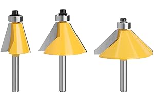 VIKITON 1/4 Inch Shank Yellow 15 Degree 30 Degree 45 Degree Chamfer Router Bit Set, Carbide Wood Router Bits for Woodworking, 3PCS