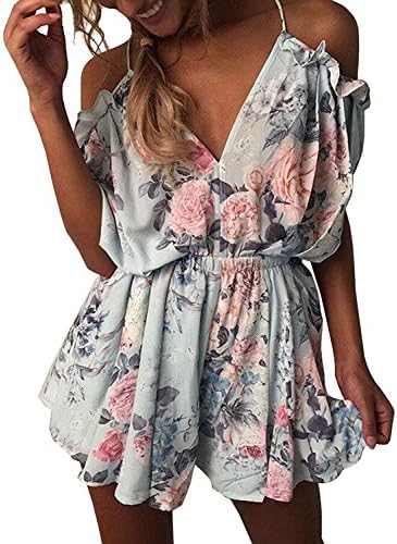 Beautifullight Fashion Women's Sexy V neck Flower Printed Romper Short Jumpsuit Blue-XL as pictureX-Large